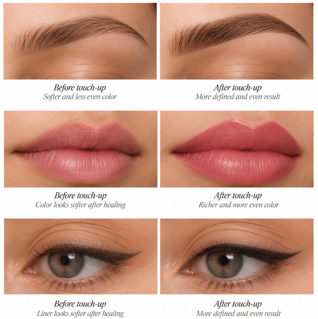 Before and after permanent makeup touch-up for brows, lips, and eyeliner.
