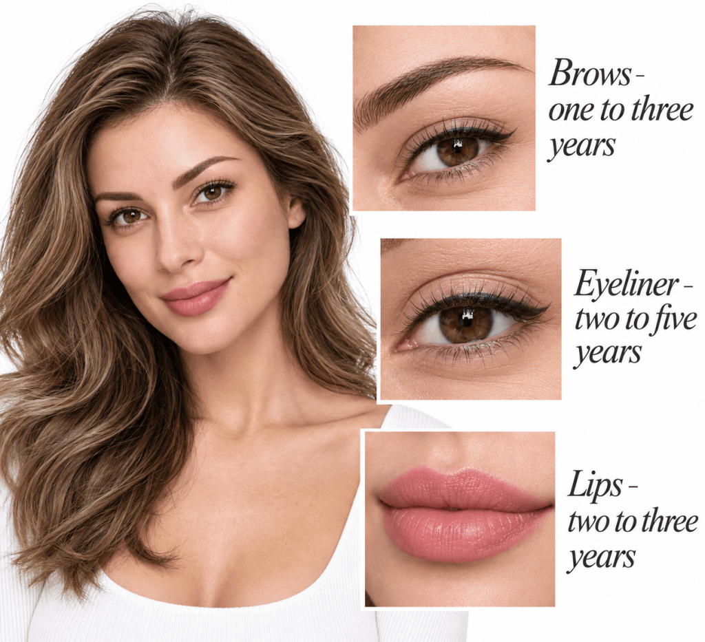 Collage showing permanent brows, eyeliner, and lip blush with the average duration of each result.