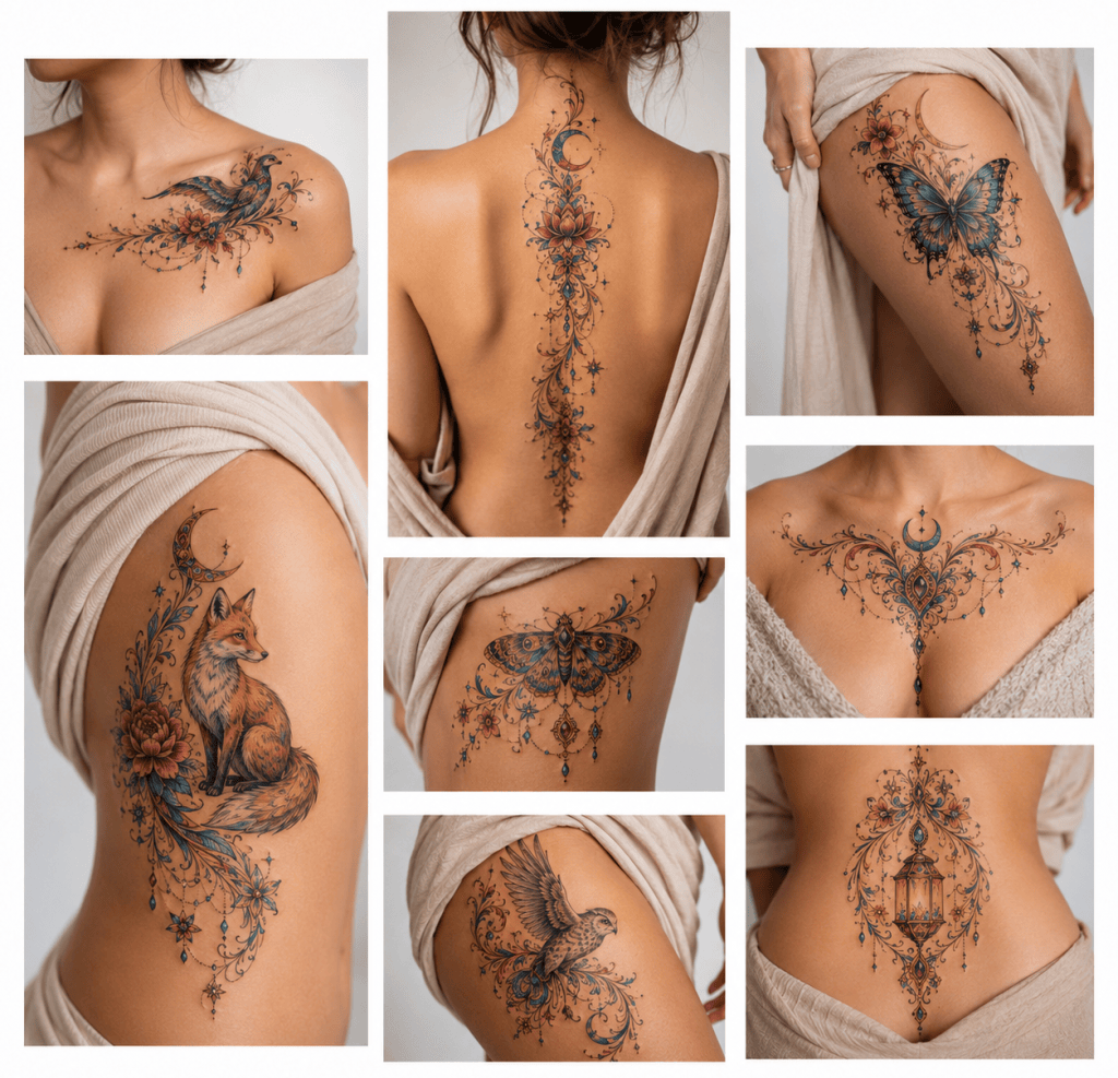 Collage of eight large colorful tattoos for women featuring birds, a fox, a butterfly, flowers, a moon, and ornamental symbols on the collarbone, ribs, thighs, and spine.