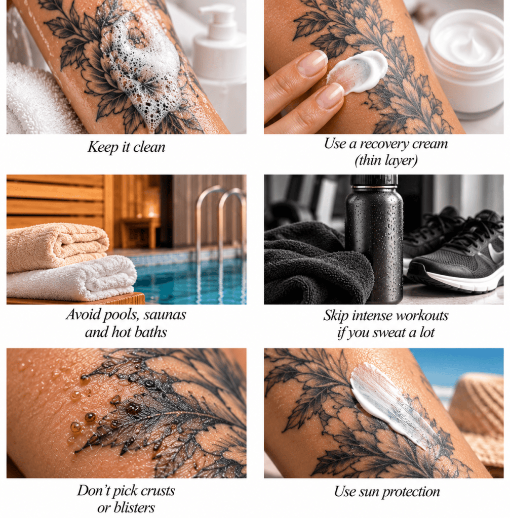 Tattoo aftercare infographic showing gentle cleansing, recovery cream, avoiding pools and intense workouts, leaving crusts alone, and using sun protection.