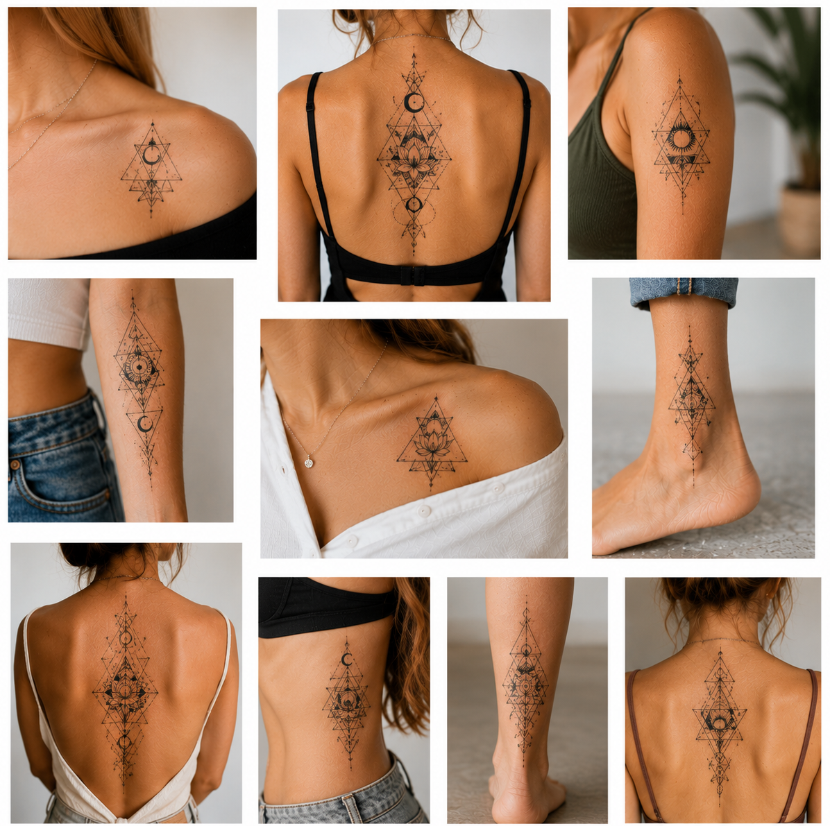 Collage of ten colorful tattoos for women featuring triangles and intricate geometric patterns with fine black linework on the shoulder, collarbone, back, and ankle.