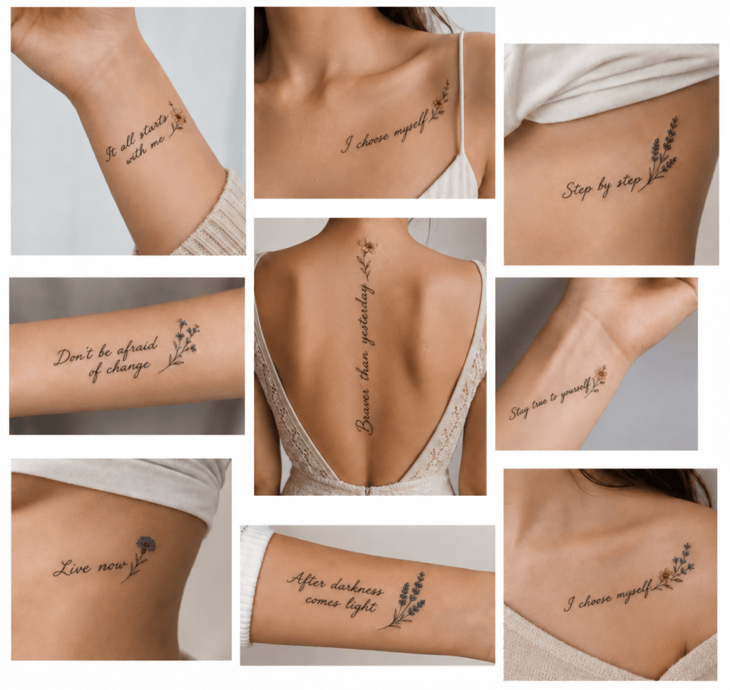 Collage of nine fine-line lettering tattoos with English phrases and floral details on the wrist, collarbone, ribs, forearm, and spine.