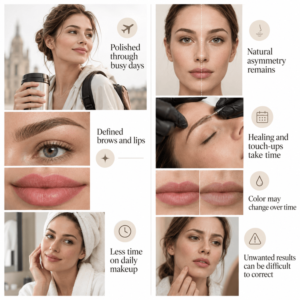 Benefits and limitations of permanent makeup, including defined brows and lips, less time on daily makeup, healing, touch-ups, color changes, and natural facial asymmetry.