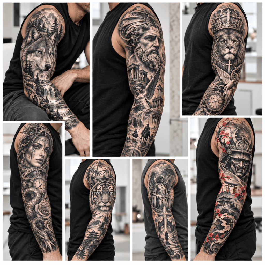 Collage of men’s tattoo sleeves featuring a wolf, lion, tiger, portraits, samurai, angel, and detailed narrative compositions.
