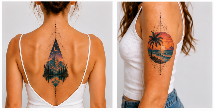 Collage of two colorful geometric landscape tattoos for women featuring mountains, forests, the sea, and a sunset on the shoulder and back.