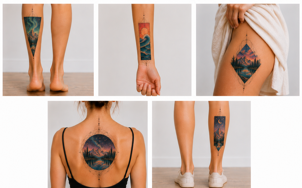 Collage of five colorful geometric landscape tattoos for women featuring mountains, forests, the sea, a sunset, and a night sky on the back, forearm, lower leg, and thigh.