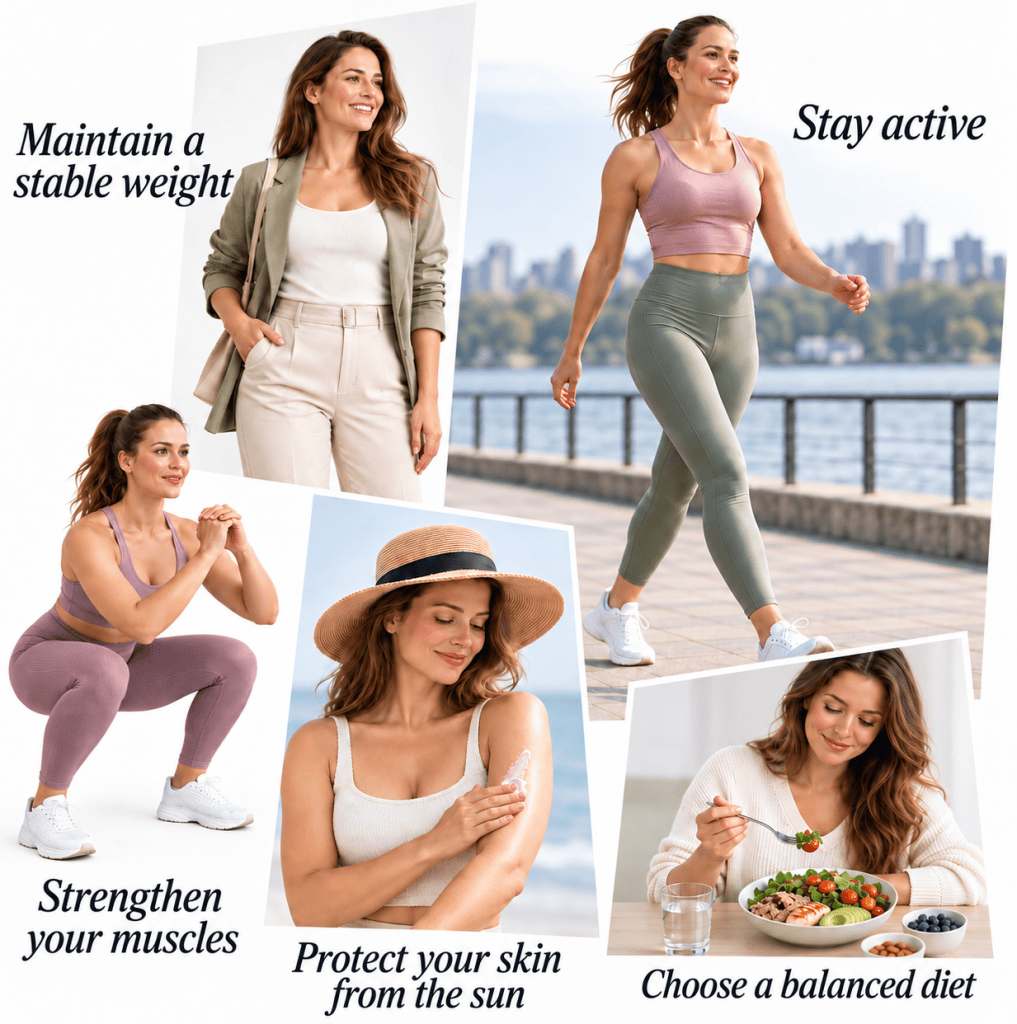 Magazine-style collage showing ways to reduce the appearance of cellulite: maintaining a stable weight, staying active, strengthening muscles, protecting skin from the sun, and eating a balanced diet.
