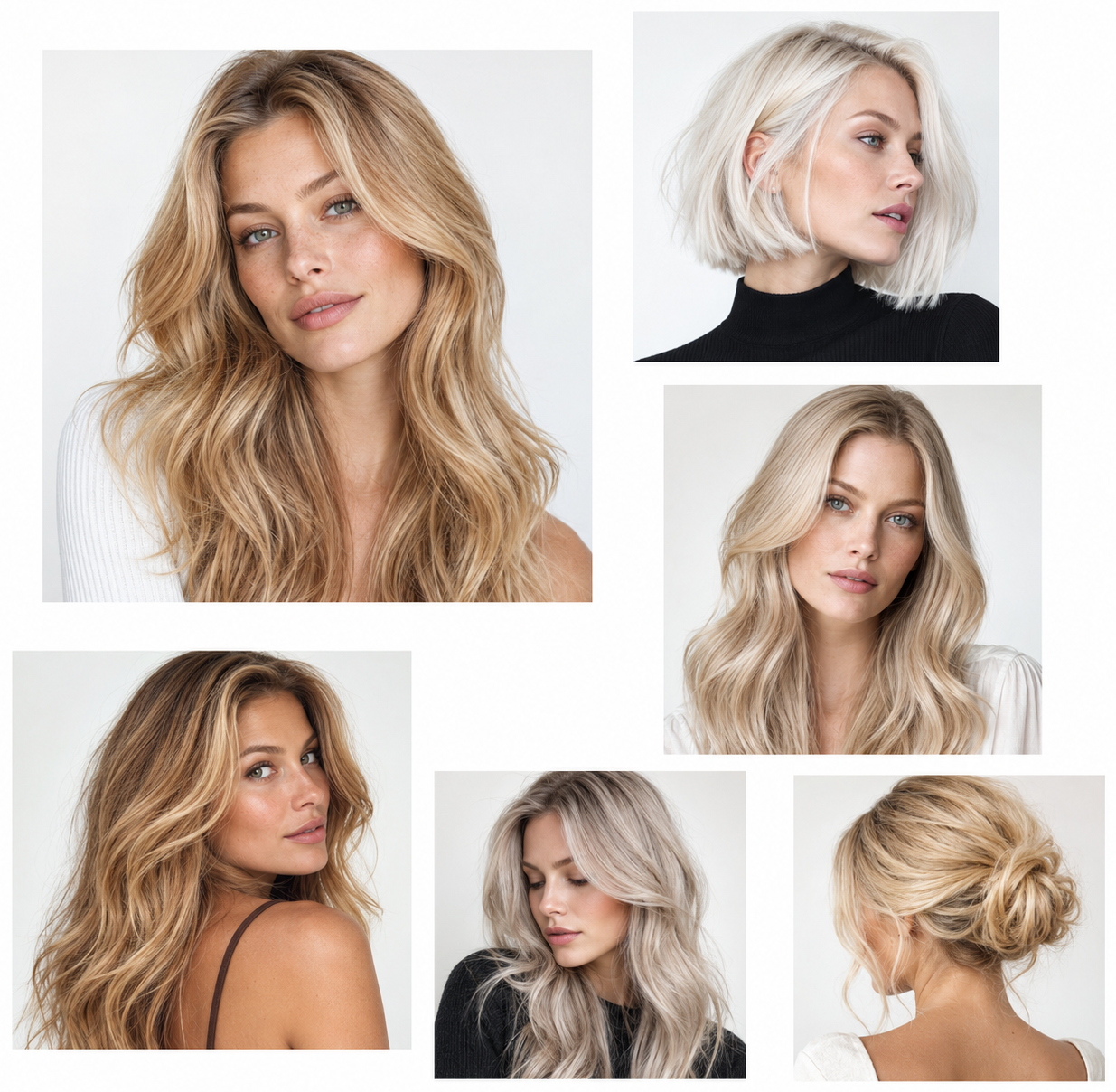 Blonde hair shades collage featuring honey, platinum, beige, caramel, ash, and golden blonde tones