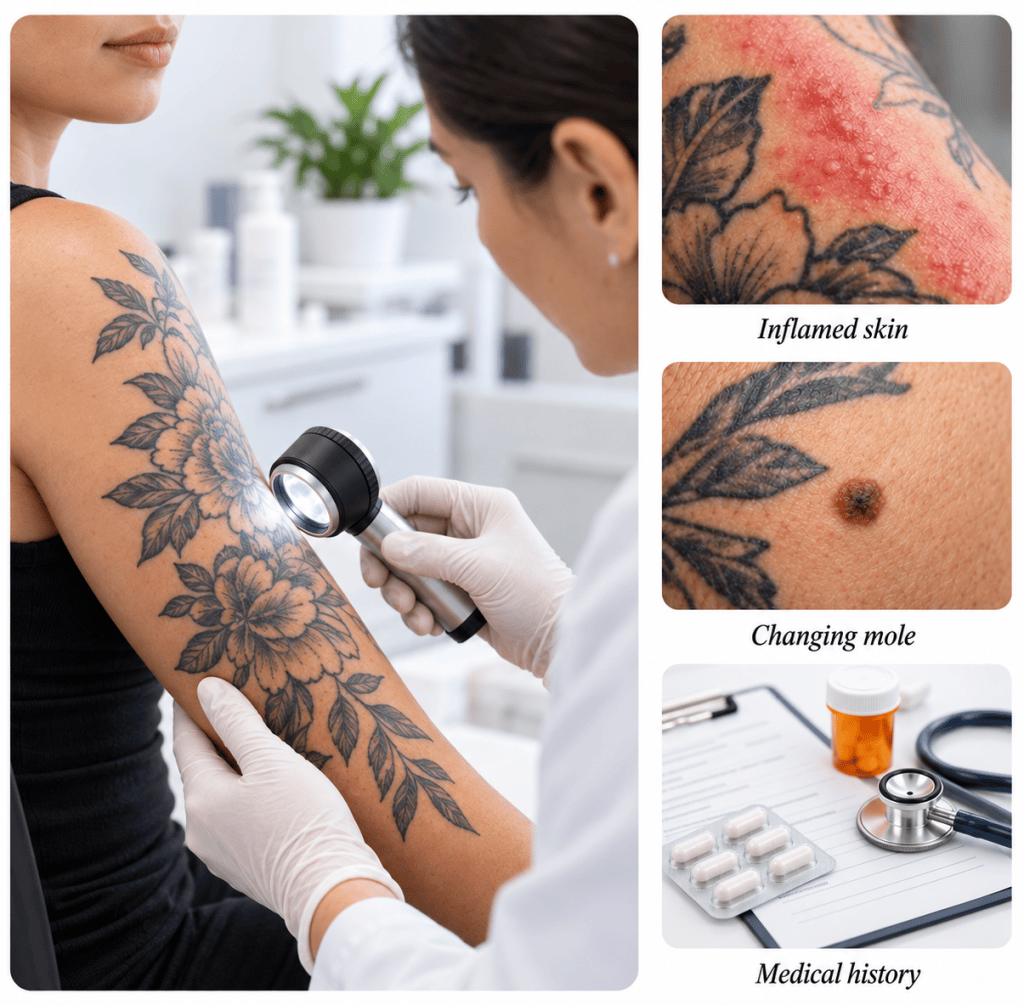 Tattoo removal safety infographic showing inflamed skin, a mole within a tattoo, and medical history factors to check before laser treatment.