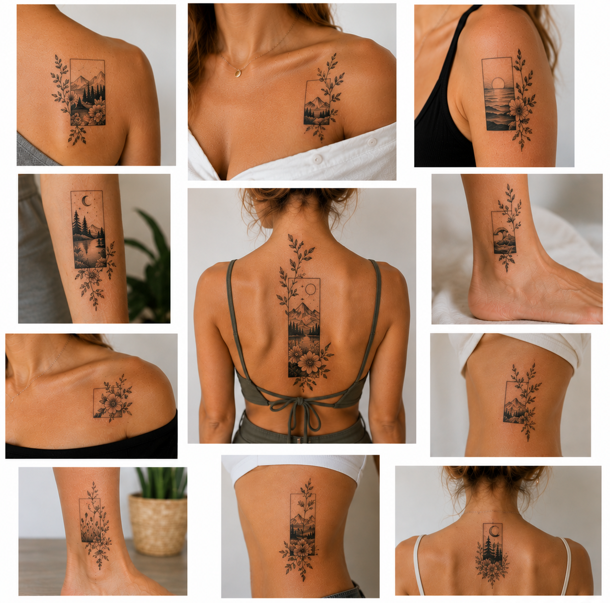 Collage of ten colorful square and rectangular tattoos for women featuring landscapes, flowers, and botanical designs that extend beyond the geometric frames on the shoulder, collarbone, back, forearm, and ankle.