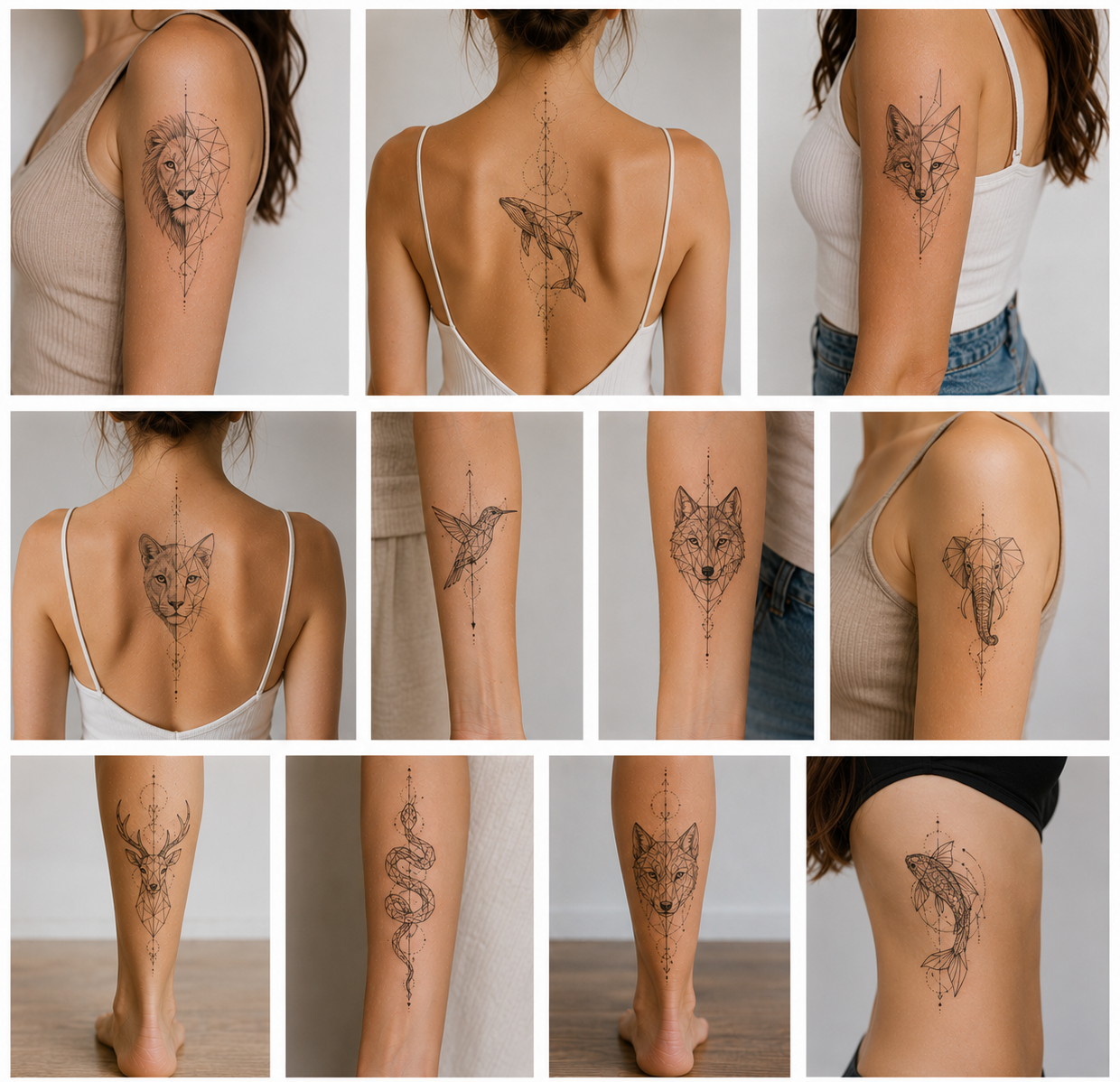 Collage of eleven geometric animal tattoos for women featuring a lion, whale, fox, puma, hummingbird, wolf, elephant, deer, snake, and fish on the shoulder, back, forearm, lower leg, and thigh.