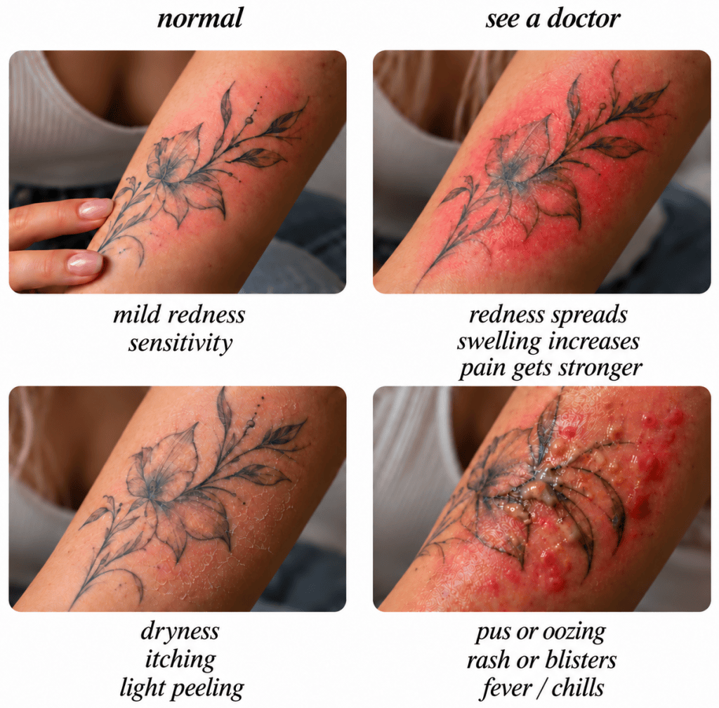 Normal tattoo healing versus signs that may need medical attention, including mild redness, dryness and peeling compared with spreading redness, increasing swelling, pus, rash, fever or chills.