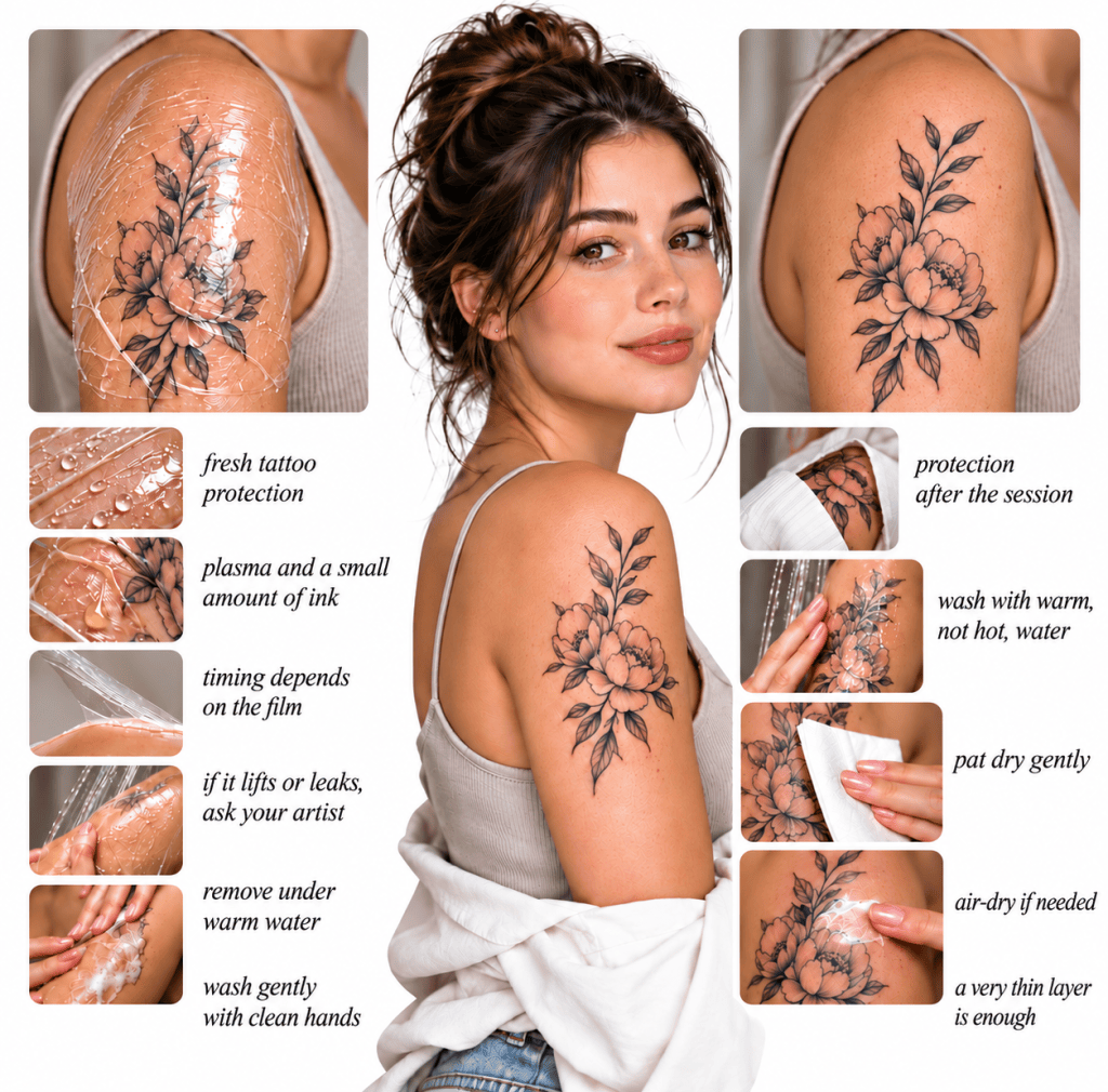 Woman with a floral upper-arm tattoo and an infographic comparing protective film and traditional tattoo aftercare, including washing, drying, and applying a thin layer of aftercare product.