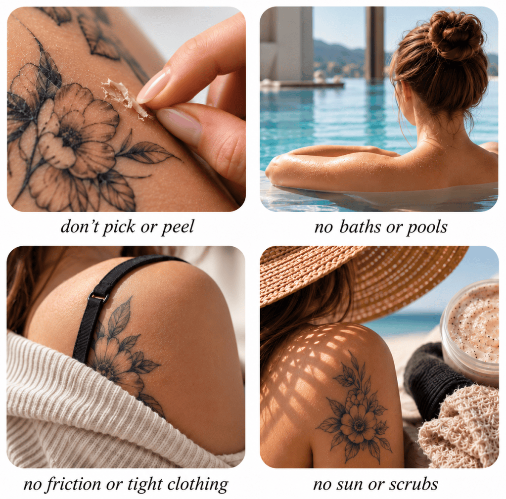 Tattoo aftercare infographic showing four things to avoid during healing: picking or peeling skin, baths and pools, friction from tight clothing, and direct sun or scrubs.