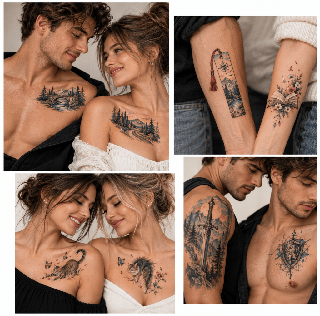 Matching tattoos for siblings featuring a forest bridge and road, bookmark and open book, colorful cat designs, a sword, and a geometric shield.