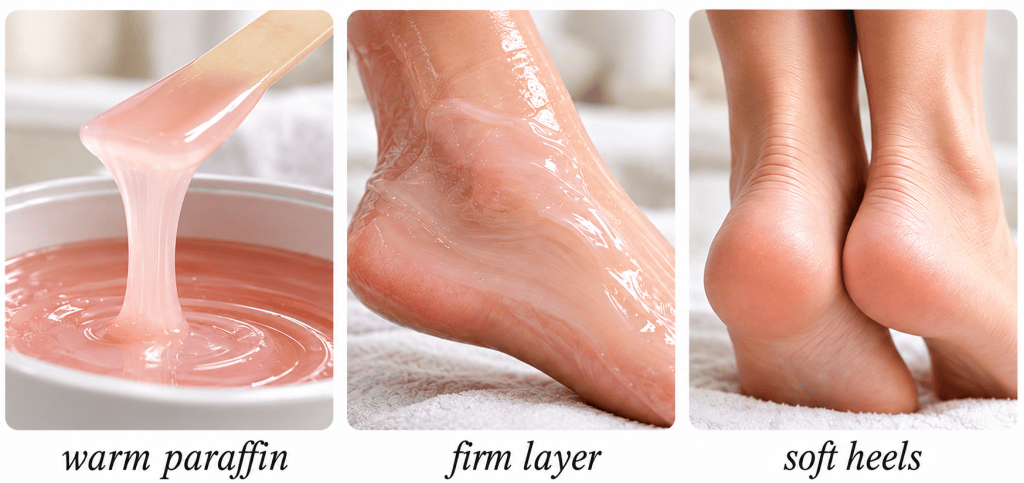 Paraffin wax treatment for feet showing warm paraffin, a firm wax layer on the foot, and soft smooth heels after treatment.