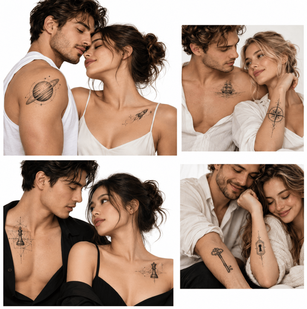 Matching tattoos for couples: planet and rocket, ship and compass, chess king and queen, key and keyhole.
