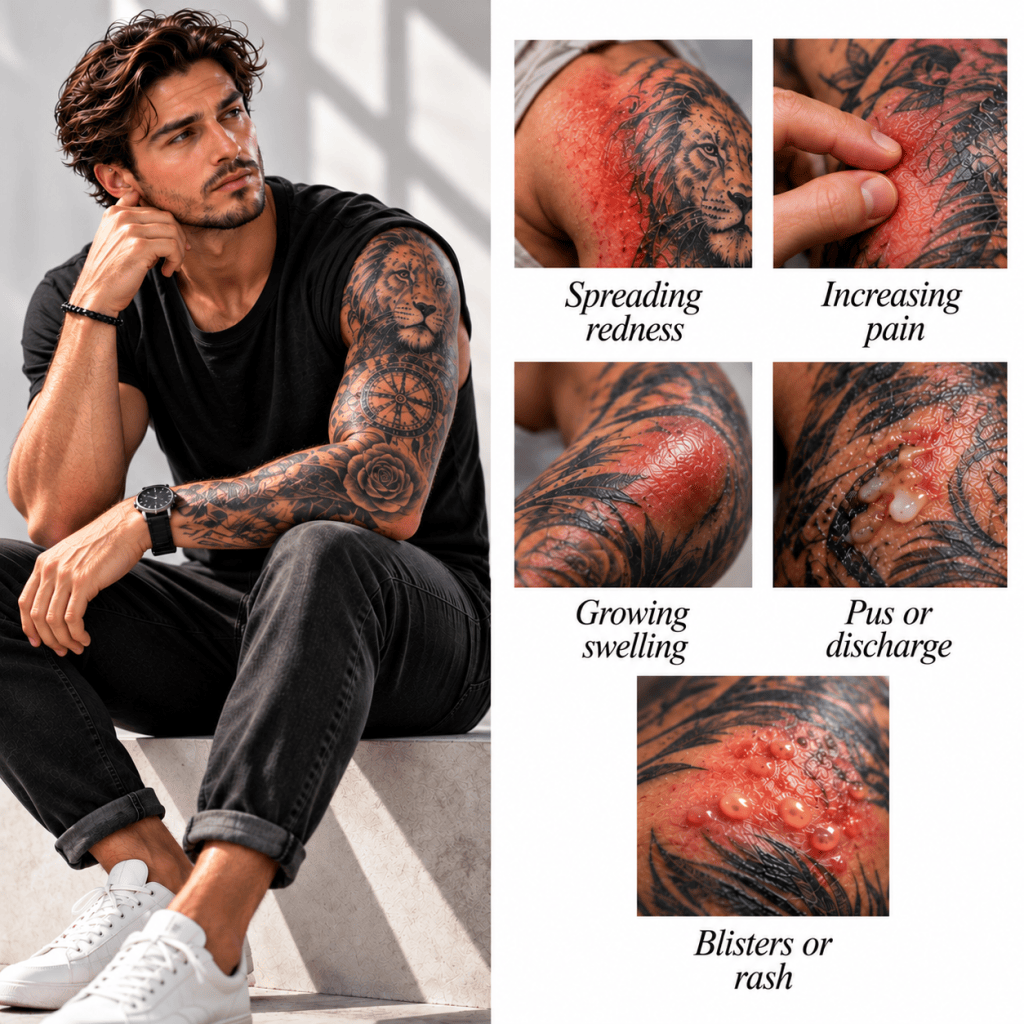 Men’s tattoo aftercare infographic showing warning signs that may need medical attention: spreading redness, increasing pain, growing swelling, pus or discharge, and blisters or rash.