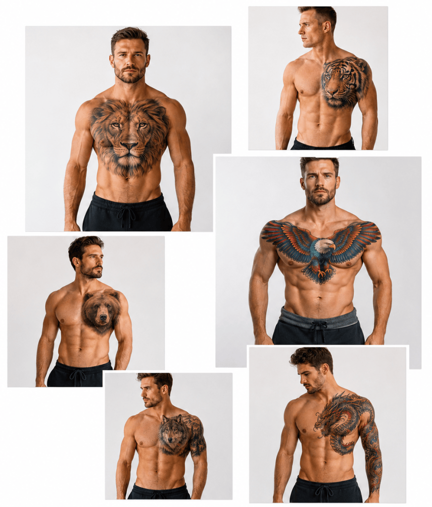Chest tattoos for men featuring colorful designs of a lion, tiger, bear, eagle, wolf and dragon.