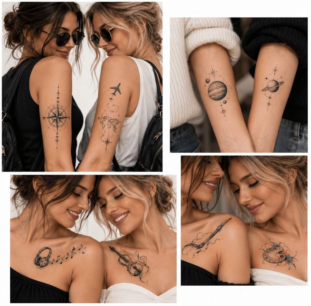 Matching tattoos for best friends featuring a compass and airplane route, planets, headphones and violin, and a paintbrush with an artist palette.