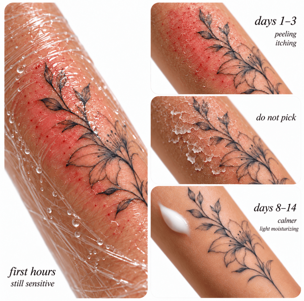 Tattoo healing stages during the first 14 days, showing protective film, redness, peeling, itching, and light moisturizing.
