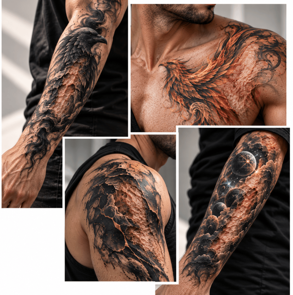 Men’s tattoos over burn scars: a smoky raven on the forearm, a phoenix on the shoulder, abstract blackwork, and a cosmic tattoo design.