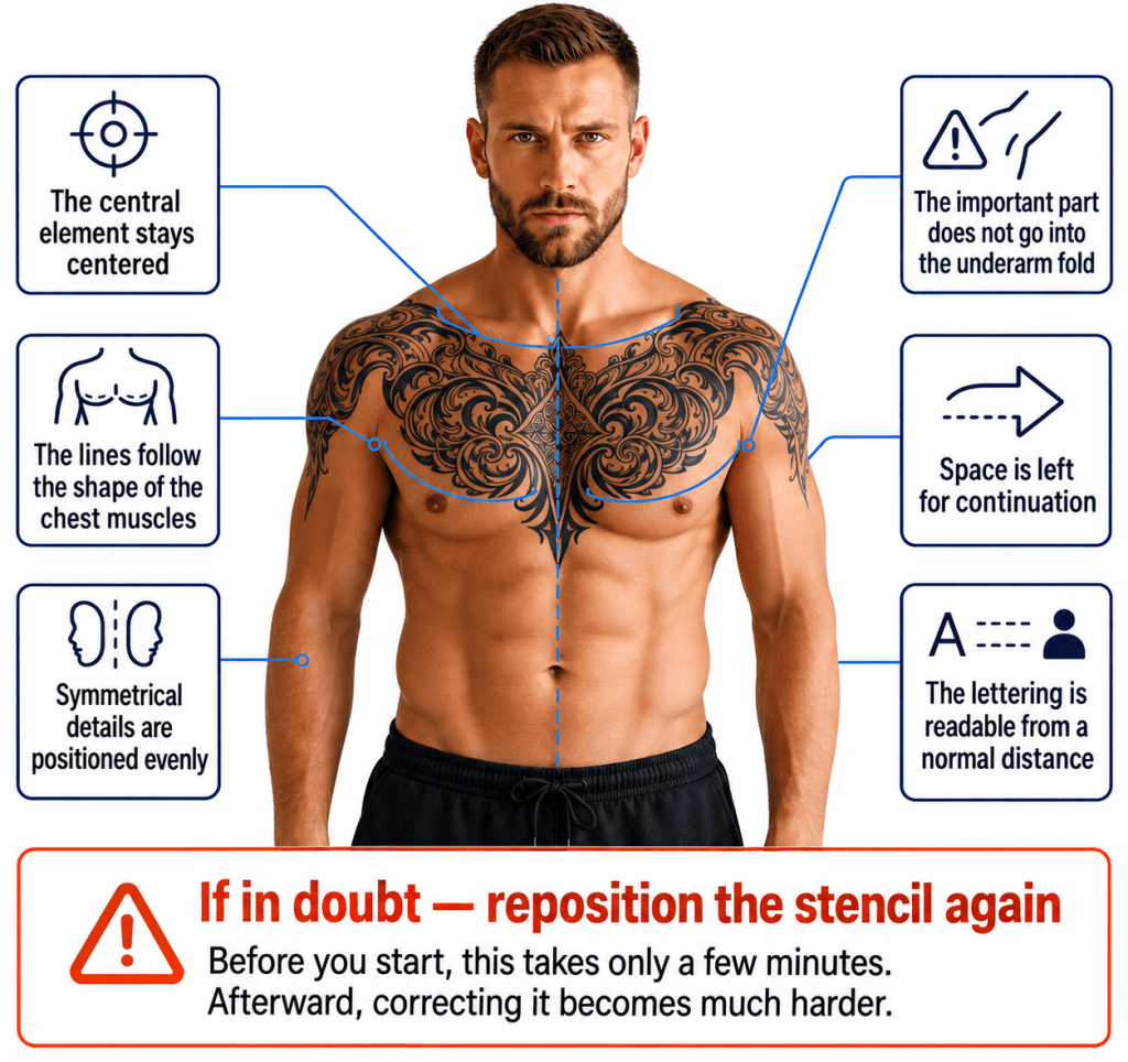 Chest tattoo stencil placement infographic showing a man with a symmetrical black-and-gray design and key points to check before tattooing.