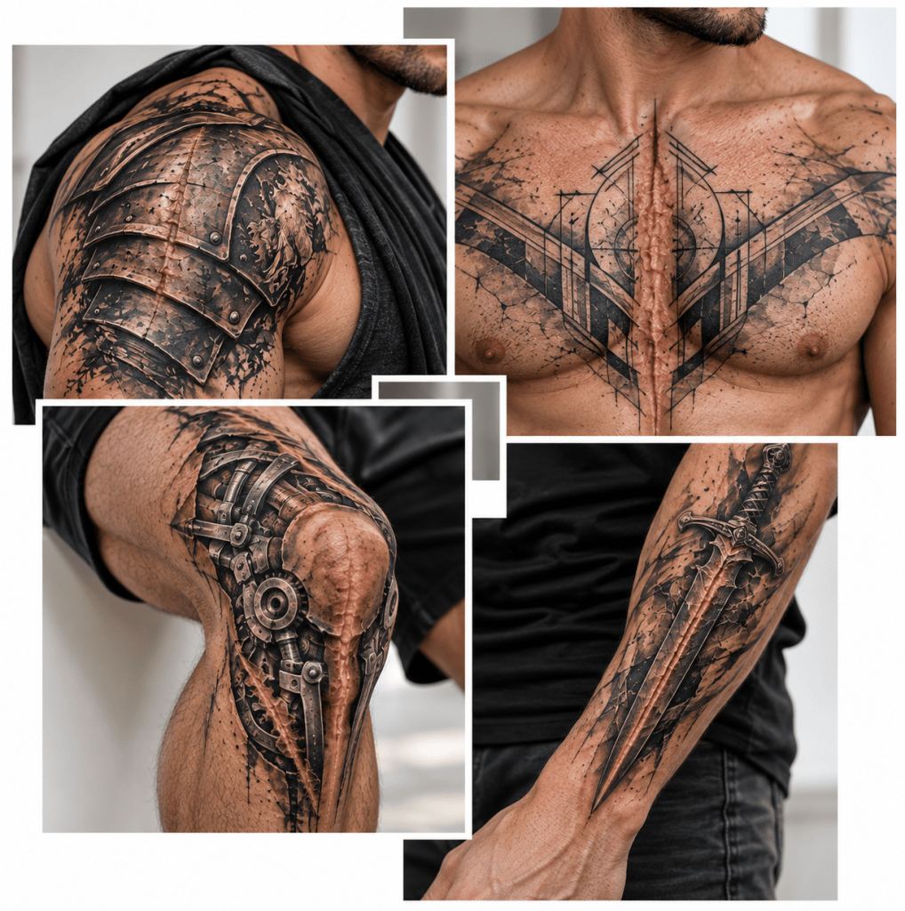 Men’s tattoos over surgical scars: biomechanical knee design, armor on the shoulder, a sword on the forearm, and a symmetrical geometric chest tattoo.