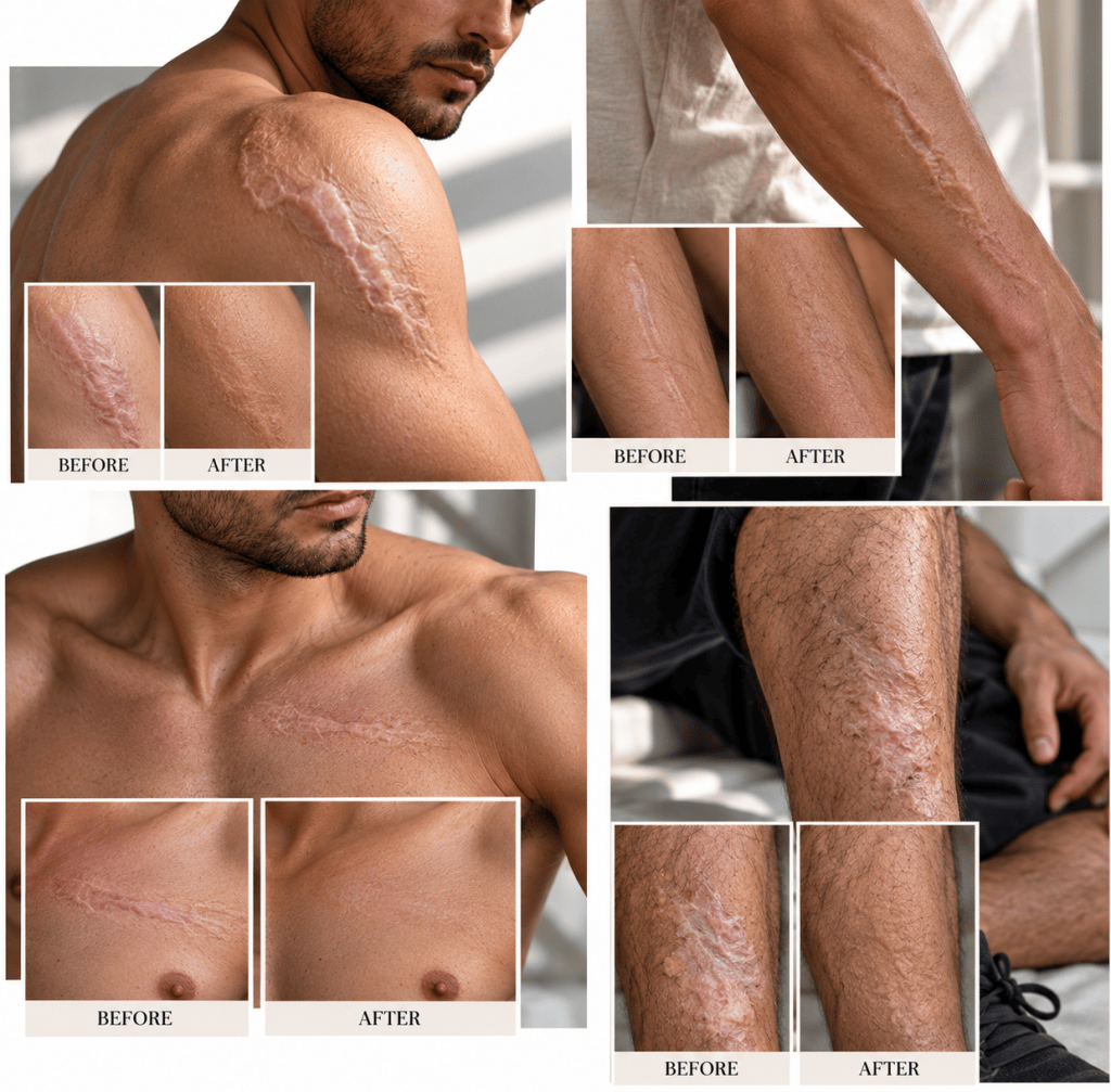 Male scar camouflage before and after: skin-tone pigment reduces scar contrast while the skin texture and raised or uneven scar remain visible.