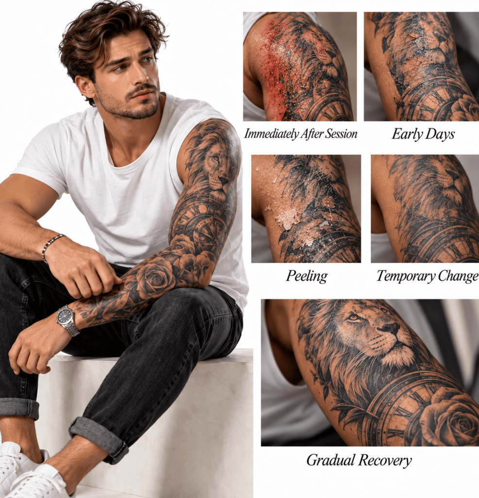 Men’s tattoo aftercare infographic showing the healing stages of a fresh tattoo, from redness and peeling to temporary changes and gradual skin recovery.