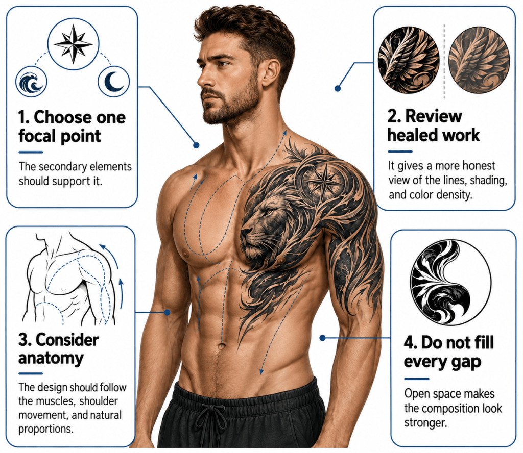 Chest tattoo design for men showing a focal point, anatomy, healed work, and balanced use of open space.