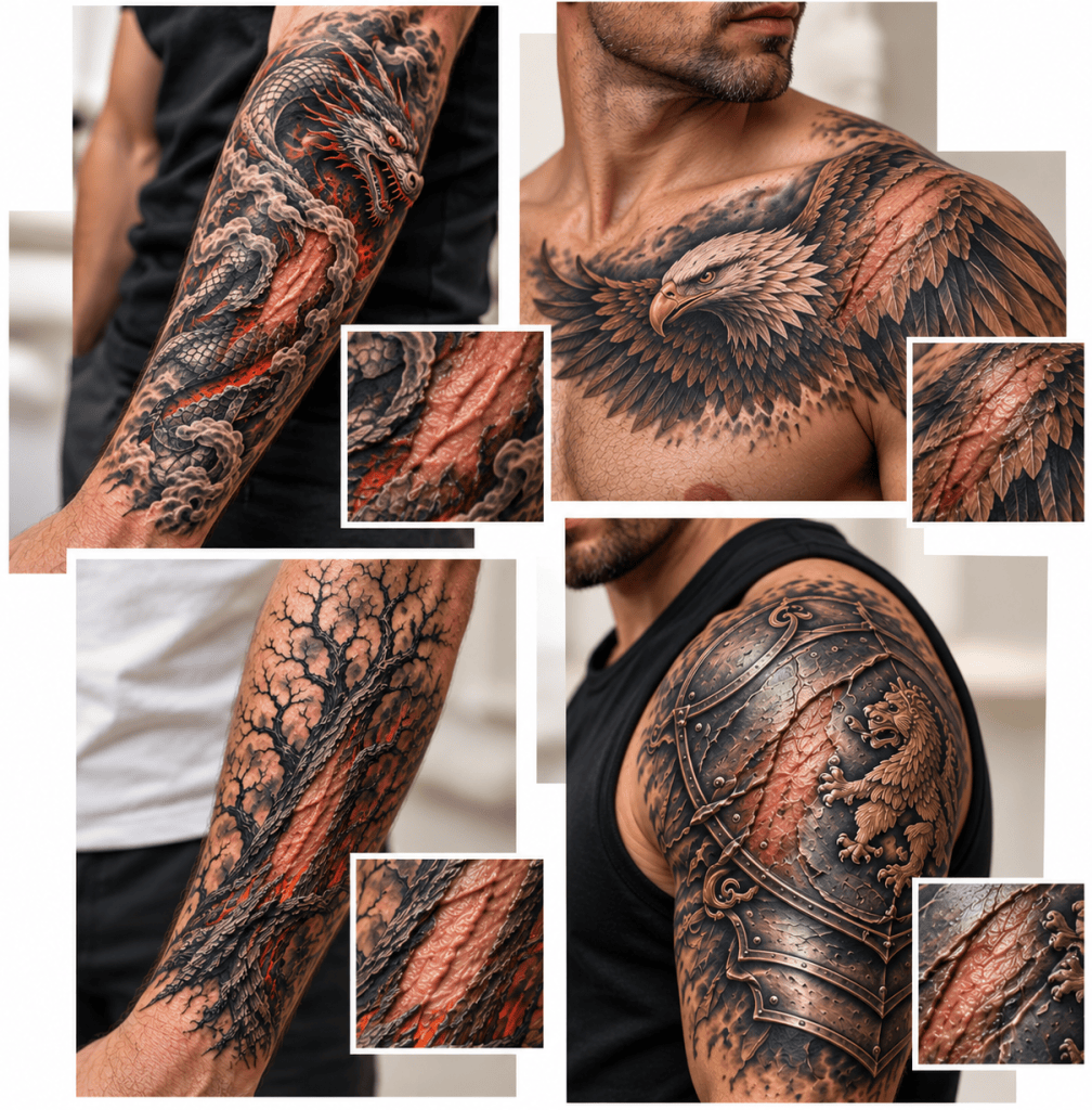 Men’s tattoos over burn scars featuring a dragon, eagle, charred tree, and medieval armor.