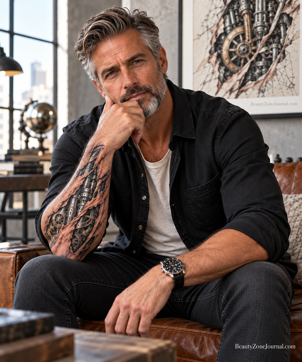 Tattoos Over Scars for Men with biomechanical forearm tattoo integrated into scar tissue