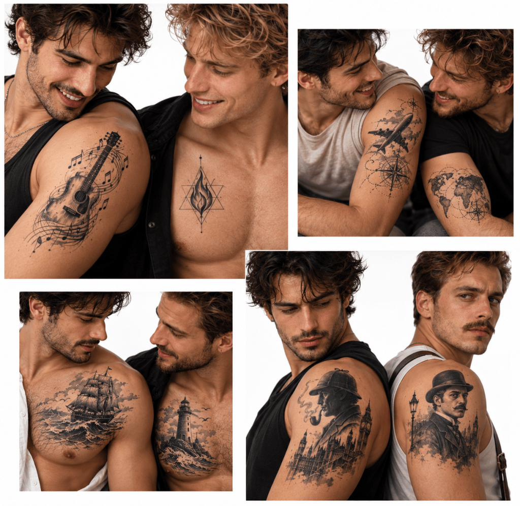 Matching tattoos for friends: guitar with music notes, geometric flame, airplane and world map, ship and lighthouse, Sherlock Holmes and Doctor Watson.