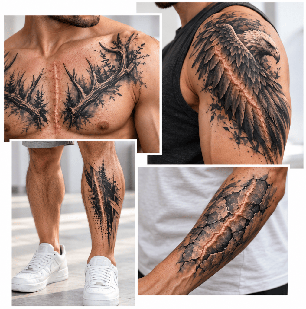 Men’s tattoos on raised scars: deer antlers on the chest, an eagle on the shoulder, blackwork on the calf, and a cracked-stone tattoo on the arm.