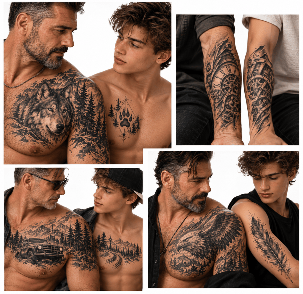 Matching father and son tattoos: wolf and paw print, biomechanical clockwork, vintage car and mountain road, eagle and feather.