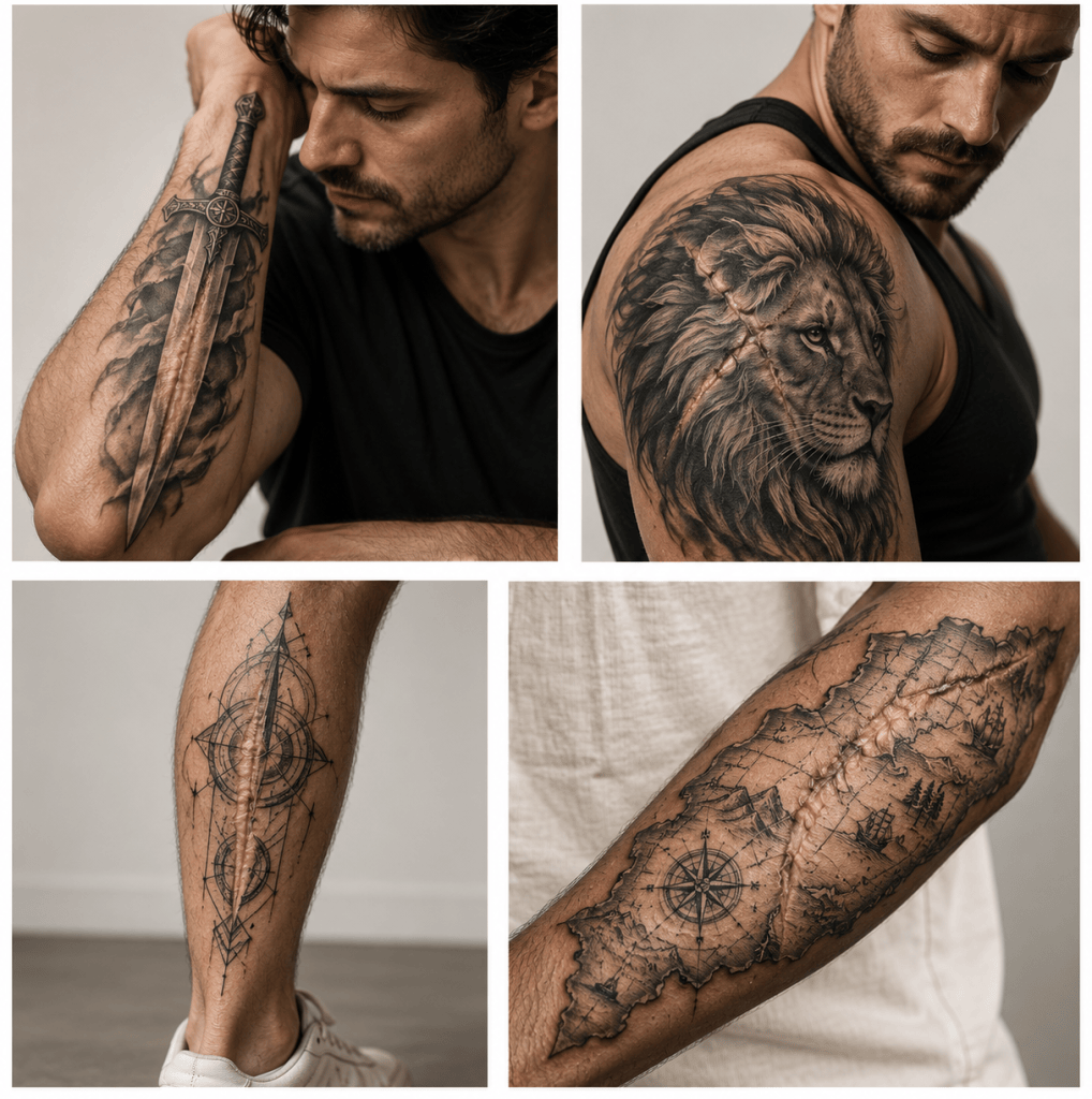 Men’s tattoos over scars: sword on the forearm, lion on the shoulder, geometric linework on the calf, and an old map tattoo on the arm.