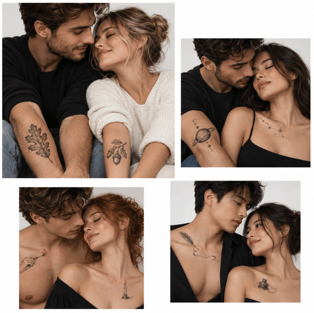 Matching tattoos for couples featuring an oak leaf and acorns, a planet and constellation, a lit match and candle, and a feather quill with an inkwell.