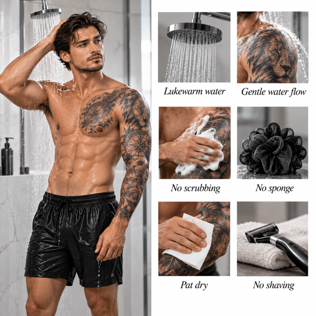 Men’s tattoo aftercare infographic showing shower care with lukewarm water, gentle water flow, no scrubbing, pat drying and avoiding shaving.